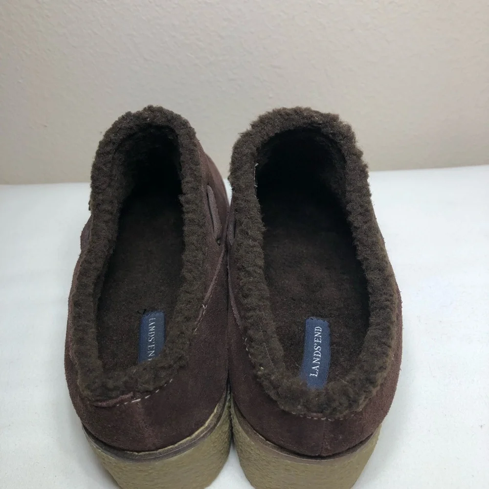 Lands' End Women's Leather Chalet Tassel‎ Fur Lining Brown Mules Clogs 8B